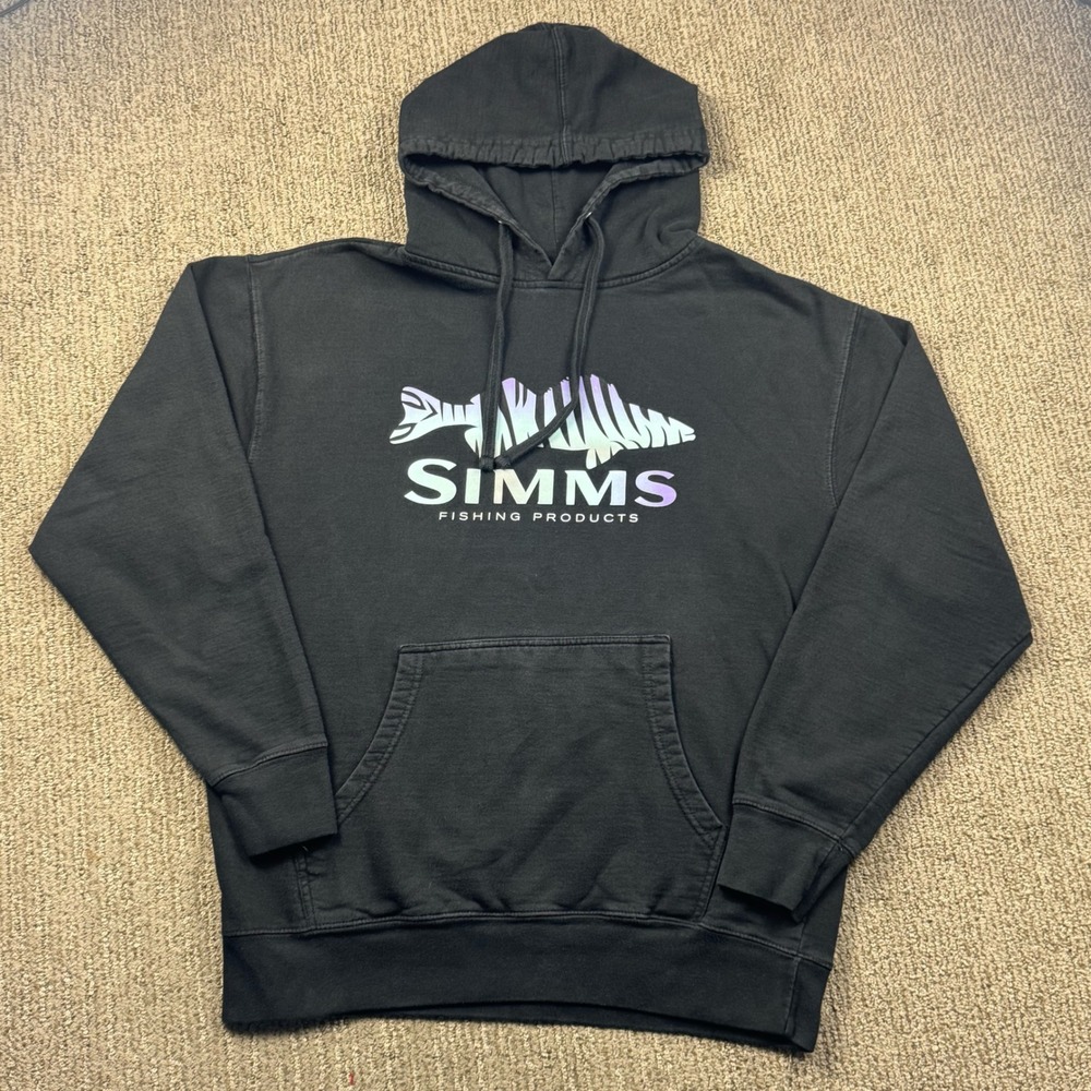 Simms Fishing Products Mens Black Graphic Logo Pullover Hoodie Sweatshirt Size M